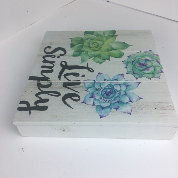 Live Simply Script on Wooden Box Frame Green Blue Succulents Zen 10x10x2 - Picture 6 of 10